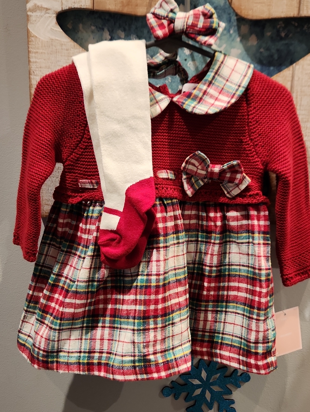 NWT Shabby Chic Red Knit Plaid Dress & Headband w/White & Red Tights Sz 3/6M
